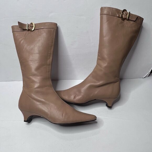 Claudia Ciuti  Tan Soft Leather Mid Calf Wedge Kitten Heel Boots Womens Sz 7.5 M - Picture 1 of 16